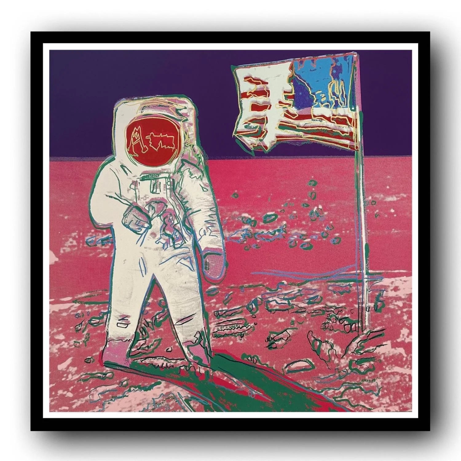 Artistic depiction of an astronaut on the moon with a flag, stylized in a pop art style.